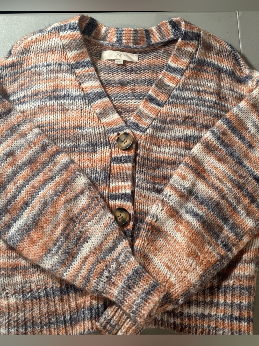 LOFT Striped V-Neck Button Cardigan - Peach, Gray & Cream